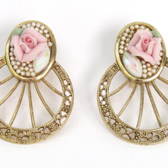 Vintage 1928 Earrings Clip On Victorian Revival Floral Pearl Romantic - Picture 2 of 5